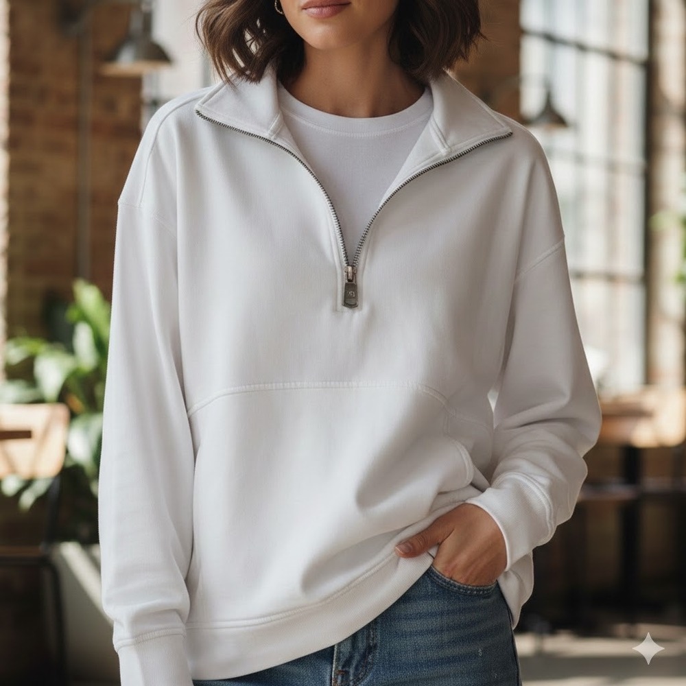 B. DRADDY Womens S White Quarter Zip Sweatshirt Pima Cotton Minimalist Luxury